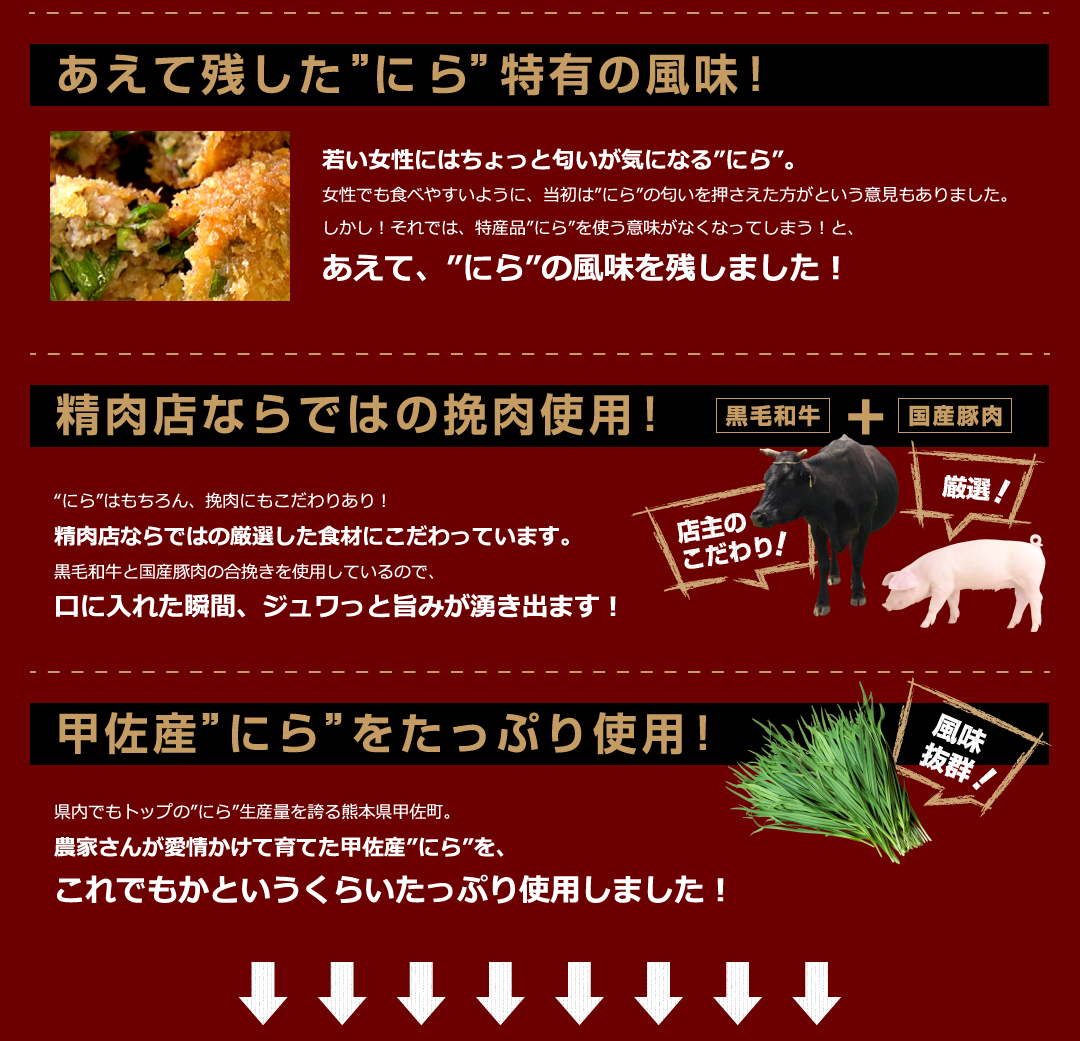 あえて残した”にら”特有の風味！精肉店ならではの挽肉使用！甲佐産”にら”をたっぷり使用！若い女性にはちょっと匂いが気になる”にら”。
女性でも食べやすいように、当初は”にら”の匂いを押さえた方がという意見もありました。
しかし！それでは、特産品”にら”を使う意味がなくなってしまう！と、
あえて、”にら”の風味を残しました！精肉店ならではの挽肉使用！“にら”はもちろん、挽肉にもこだわりあり！
精肉店ならではの厳選した食材にこだわっています。黒毛和牛と国産豚肉の合挽きを使用しているので、口に入れた瞬間、ジュワっと旨みが湧き出ます！甲佐産”にら”をたっぷり使用！県内でもトップの”にら”生産量を誇る熊本県甲佐町。農家さんが愛情かけて育てた甲佐産”にら”を、これでもかというくらいたっぷり使用しました！
