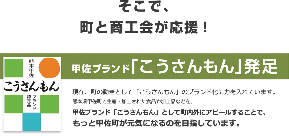 そこで、町と商工会が応援!甲佐ブランド「こうさんもん」発足。現在、町の動きとして「こうさんもん」のブランド化に力を入れています。
熊本県甲佐町で生産・加工された食品や加工品などを、甲佐ブランド「こうさんもん」として町内外にアピールすることで、もっと甲佐町が元気になるのを目指しています。